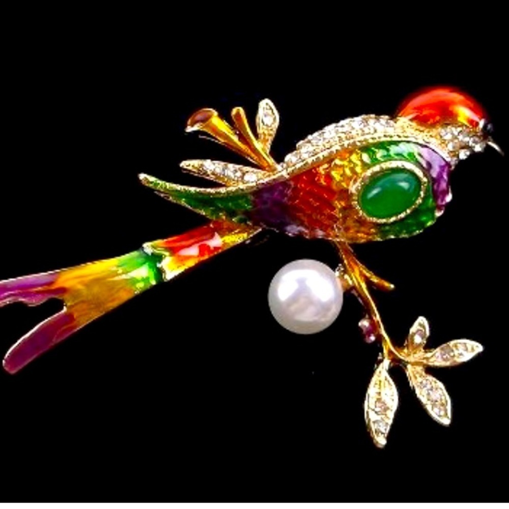 Enameled Rhinestone Bird Brooch - Picture 2 of 10